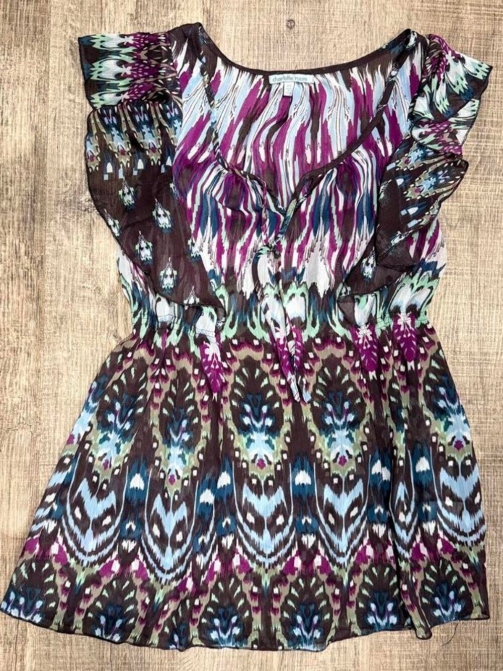 CHARLOTTE RUSSE VINTAGE Y2K BOHO SHEER RUFFLE TOP